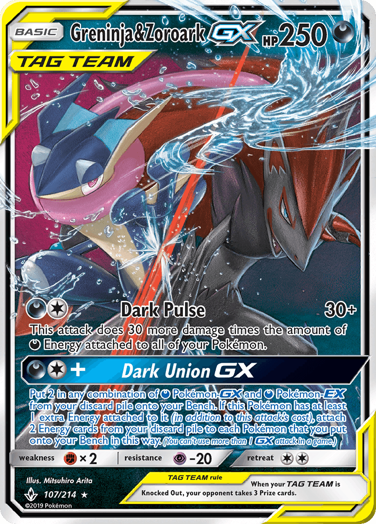 Darkness, Fighting[×2], Holofoil, Psychic[-20], Sun & Moon: Unbroken Bonds, Ultra Rare Greninja & Zoroark GX (107/214) [Sun & Moon: Unbroken Bonds] - Trading Card World