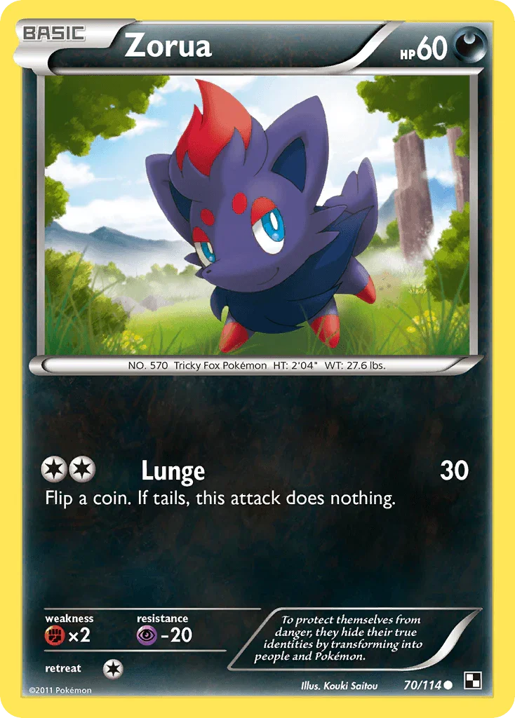 70, Black & White: Base Set, Common, Darkness, Fighting[×2], Normal, Psychic[-20], Reverse Holofoil Zorua (70/114) [Black & White: Base Set] - Trading Card World