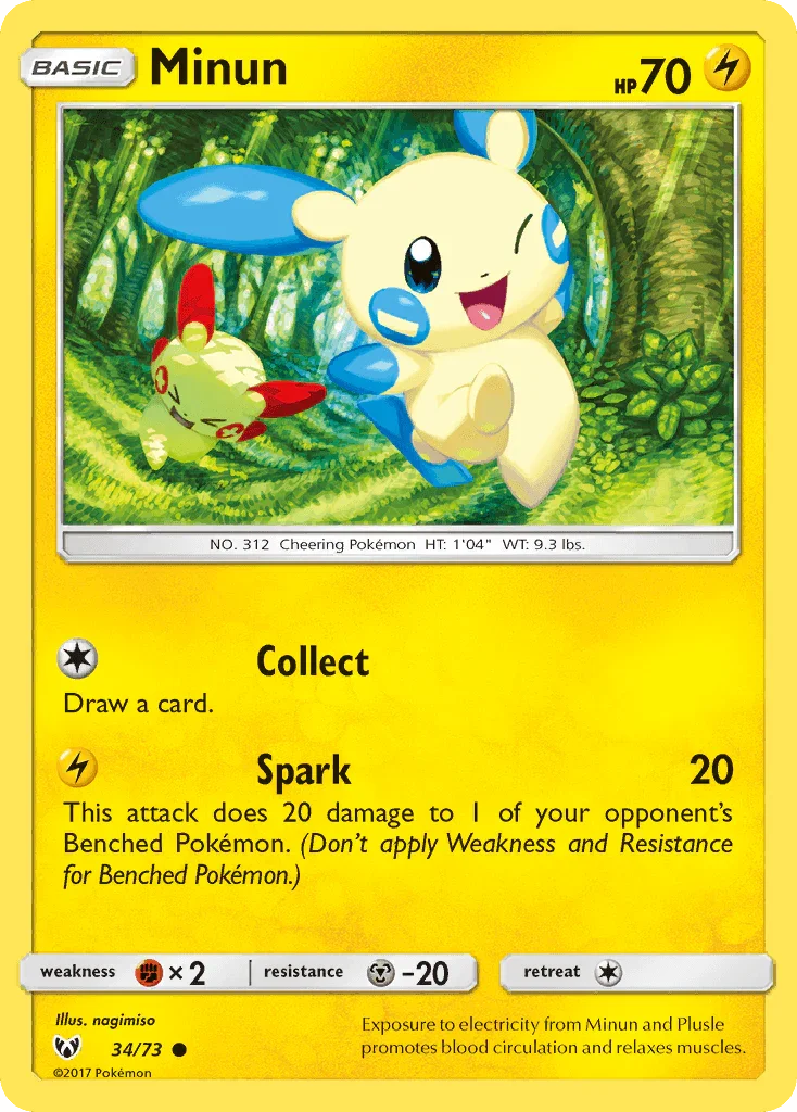 34, Common, Fighting[×2], Lightning, Metal[-20], Normal, Reverse Holofoil, Sun & Moon: Shining Legends Minun (34/73) [Sun & Moon: Shining Legends] - Trading Card World