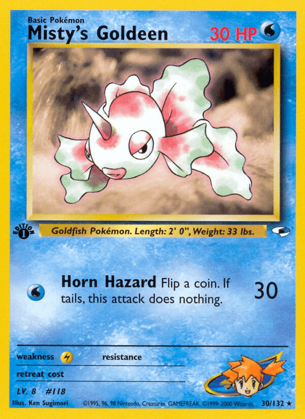 1st Edition Normal, 30, Gym Heroes 1st Edition, Lightning[×2], Rare, Water Misty's Goldeen (30/132) [Gym Heroes 1st Edition] - Trading Card World