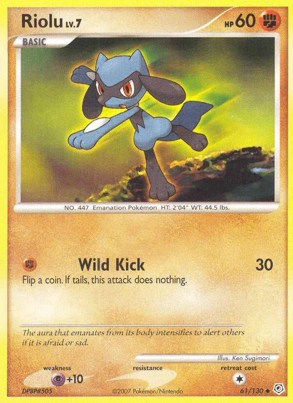 61, Diamond & Pearl: Base Set, Fighting, Normal, Psychic[+10], Reverse Holofoil, Uncommon Riolu (61/130) [Diamond & Pearl: Base Set] - Trading Card World