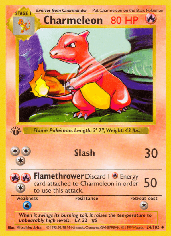 1st Edition Normal, 24, Base Set 1st Edition, Fire, Uncommon, Water[×2] Charmeleon (24/102) (Shadowless) [Base Set 1st Edition] - Trading Card World