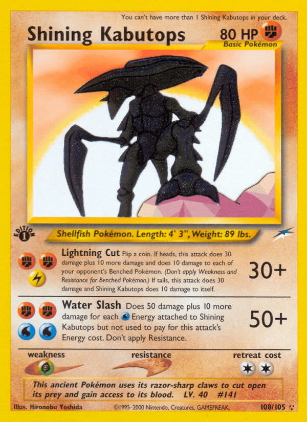 108, 1st Edition Holofoil, Fighting, Grass[×2], Neo Destiny 1st Edition, Secret Rare Shining Kabutops (108/105) [Neo Destiny 1st Edition] - Trading Card World