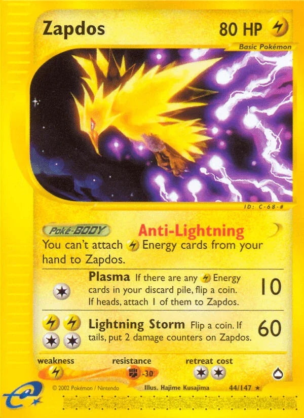44, Aquapolis, Fighting[-30], Lightning, Lightning[×2], Normal, Rare, Reverse Holofoil Zapdos (44/147) [Aquapolis] - Trading Card World
