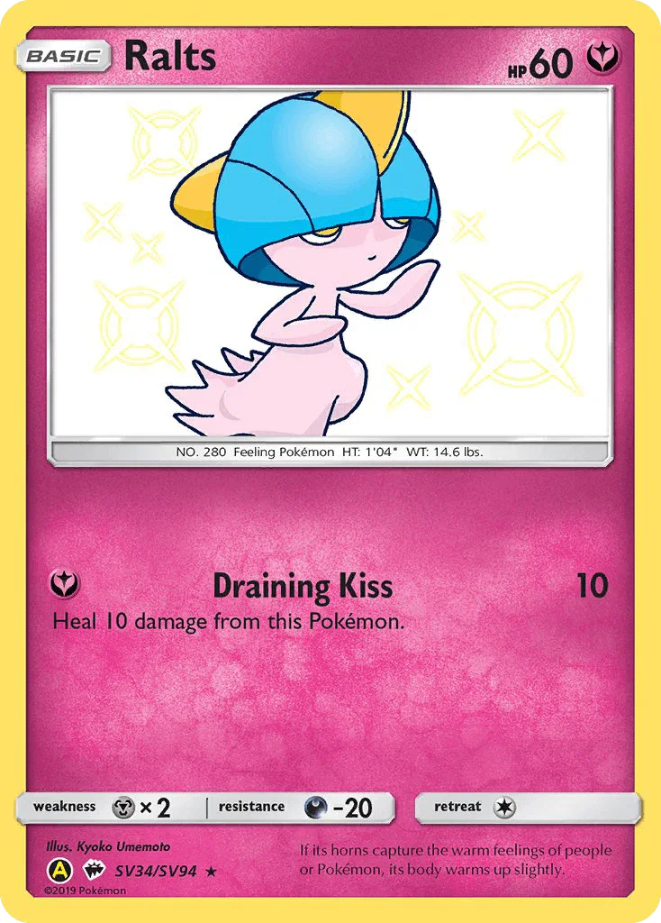 Darkness[-20], Fairy, Holofoil, Metal[×2], Sun & Moon: Hidden Fates - Shiny Vault, SV34, Ultra Rare Ralts (SV34/SV94) [Sun & Moon: Hidden Fates - Shiny Vault] - Trading Card World