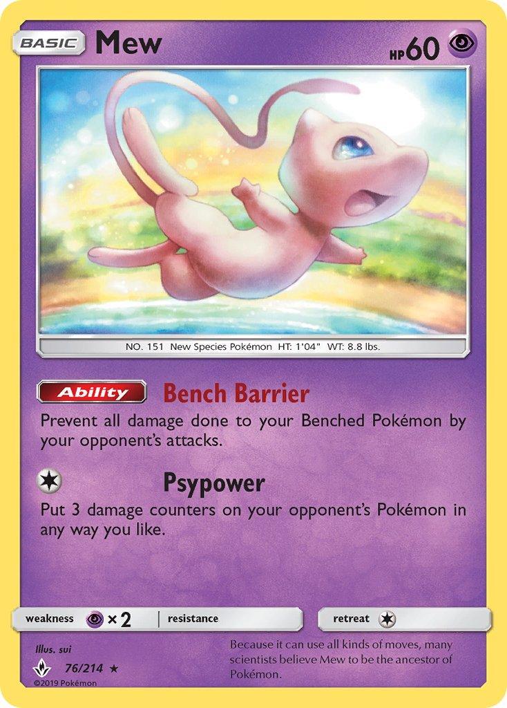76, Normal, Psychic, Psychic[×2], Rare, Sun & Moon: Unbroken Bonds Mew (76/214) (Theme Deck Exclusive) [Sun & Moon: Unbroken Bonds] - Trading Card World