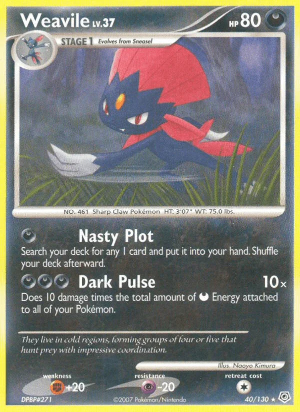 40, Darkness, Diamond & Pearl: Base Set, Fighting[+20], Normal, Psychic[-20], Rare, Reverse Holofoil Weavile (40/130) [Diamond & Pearl: Base Set] - Trading Card World