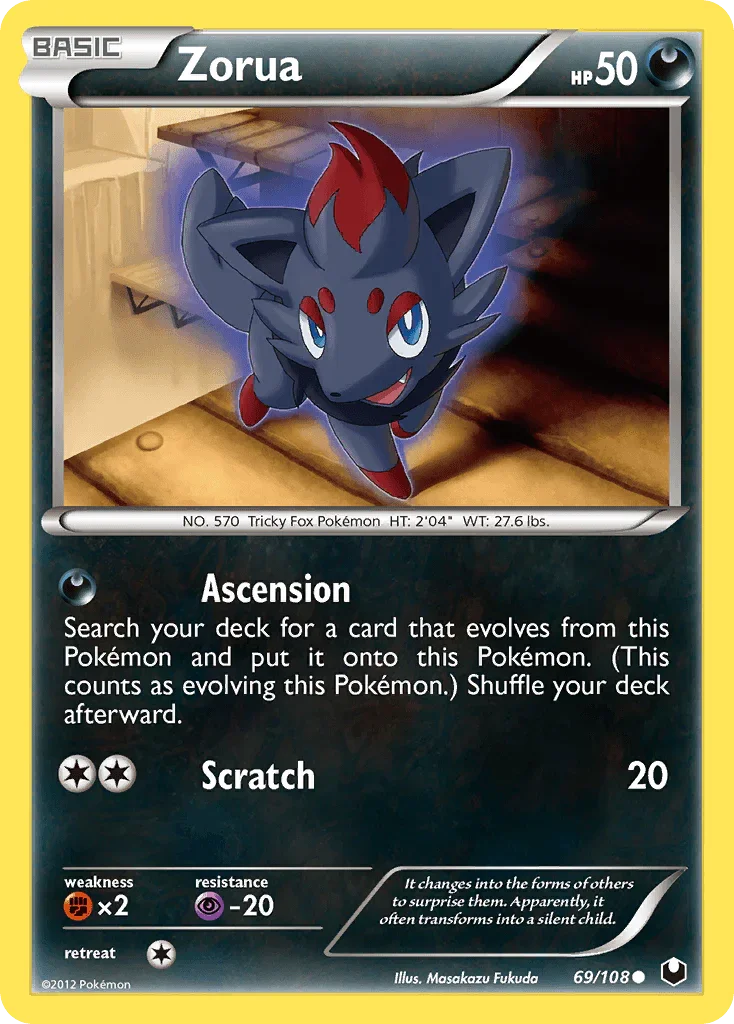 69, Black & White: Dark Explorers, Common, Darkness, Fighting[×2], Normal, Psychic[-20], Reverse Holofoil Zorua (69/108) [Black & White: Dark Explorers] - Trading Card World