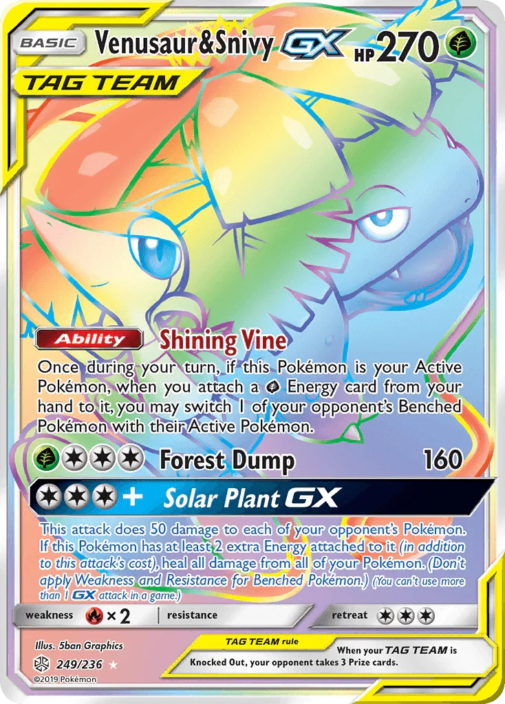 249, Fire[×2], Grass, Holofoil, Secret Rare, Sun & Moon: Cosmic Eclipse Venusaur & Snivy GX (249/236) [Sun & Moon: Cosmic Eclipse] - Trading Card World