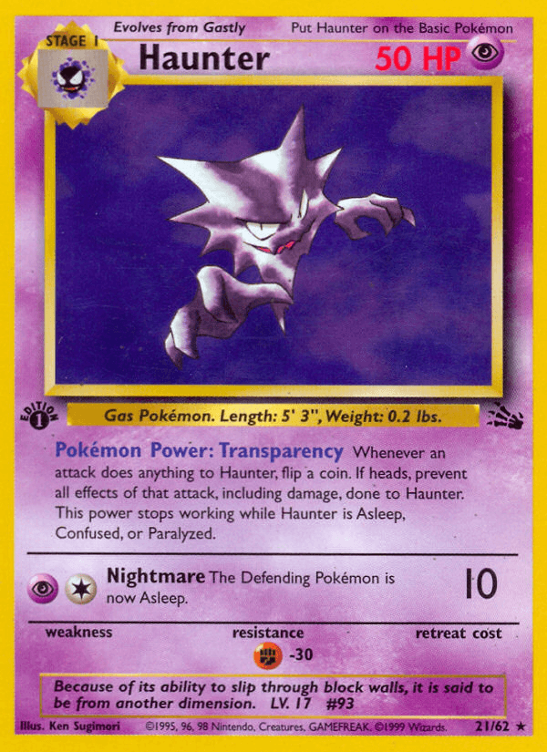 1st Edition Normal, 21, Fighting[-30], Fossil 1st Edition, Psychic, Rare Haunter (21/62) [Fossil 1st Edition] - Trading Card World