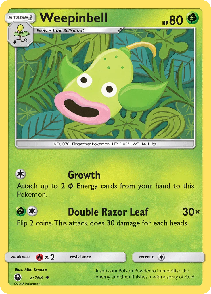 Fire[×2], Grass, Normal, Reverse Holofoil, Sun & Moon: Celestial Storm, Uncommon Weepinbell (2/168) [Sun & Moon: Celestial Storm] - Trading Card World