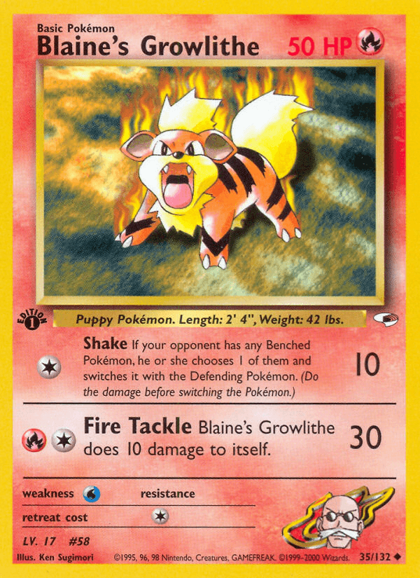 1st Edition Normal, 35, Fire, Gym Heroes 1st Edition, Uncommon, Water[×2] Blaine's Growlithe (35/132) [Gym Heroes 1st Edition] - Trading Card World