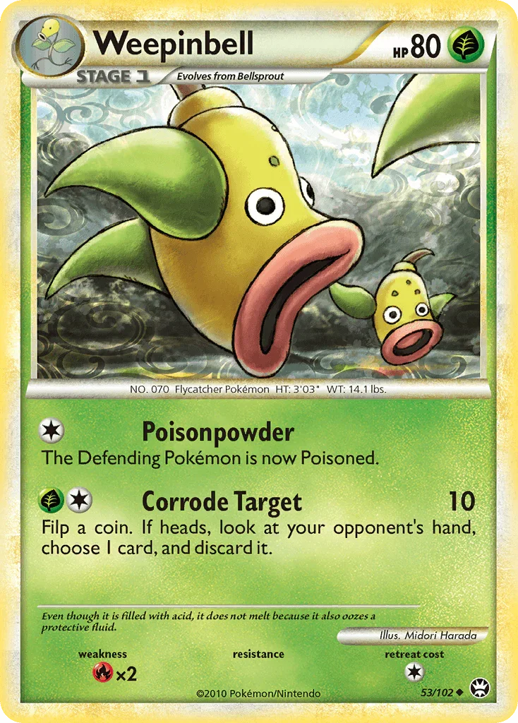 53, Fire[×2], Grass, HeartGold & SoulSilver: Triumphant, Normal, Reverse Holofoil, Uncommon Weepinbell (53/102) [HeartGold & SoulSilver: Triumphant] - Trading Card World