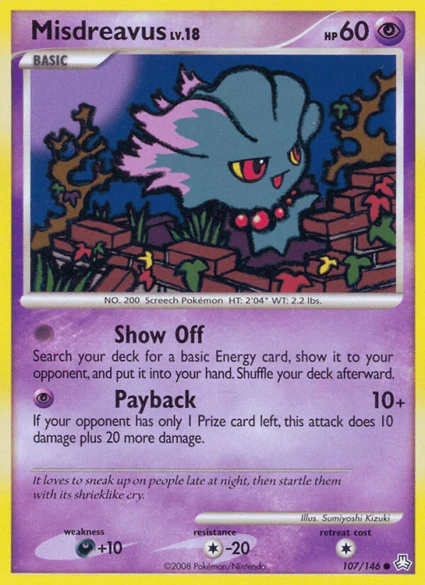 Colorless[-20], Common, Darkness[+10], Diamond & Pearl: Legends Awakened, Normal, Psychic, Reverse Holofoil Misdreavus (107/146) [Diamond & Pearl: Legends Awakened] - Trading Card World