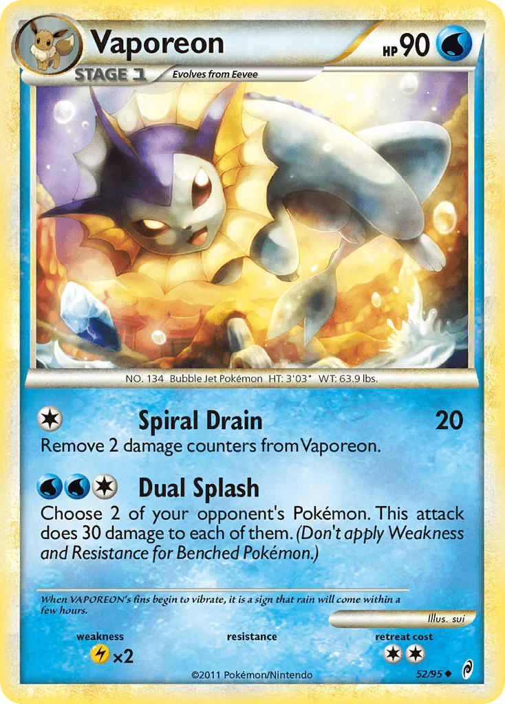 52, HeartGold & SoulSilver: Call of Legends, Lightning[×2], Normal, Reverse Holofoil, Uncommon, Water Vaporeon (52/95) [HeartGold & SoulSilver: Call of Legends] - Trading Card World