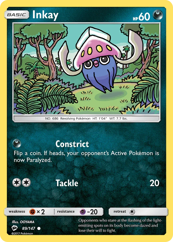 89, Common, Darkness, Fighting[×2], Normal, Psychic[-20], Reverse Holofoil, Sun & Moon: Burning Shadows Inkay (89/147) [Sun & Moon: Burning Shadows] - Trading Card World