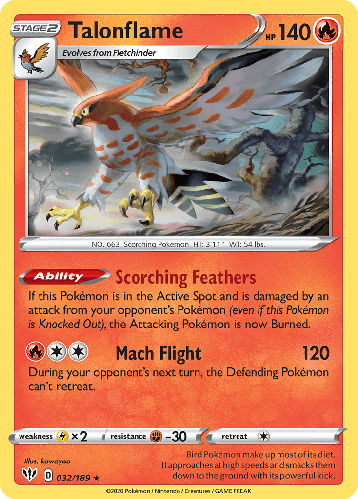 032, Fighting[-30], Fire, Lightning[×2], Normal, Rare, Reverse Holofoil, Sword & Shield: Darkness Ablaze Talonflame (032/189) [Sword & Shield: Darkness Ablaze] - Trading Card World
