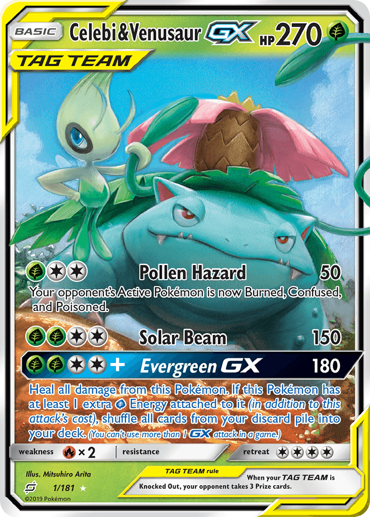 Fire[×2], Grass, Holofoil, Sun & Moon: Team Up, Ultra Rare Celebi & Venusaur GX (1/181) [Sun & Moon: Team Up] - Trading Card World