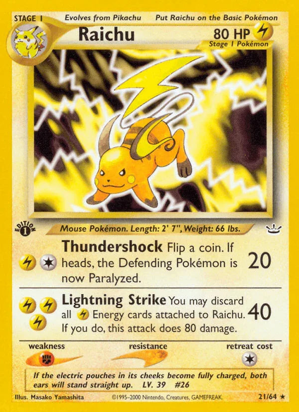 1st Edition Normal, 21, Fighting[×2], Lightning, Neo Revelation 1st Edition, Rare Raichu (21/64) [Neo Revelation 1st Edition] - Trading Card World
