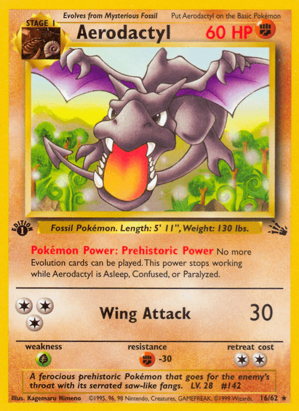 16, 1st Edition Normal, Fighting, Fighting[-30], Fossil 1st Edition, Grass[×2], Rare Aerodactyl (16/62) [Fossil 1st Edition] - Trading Card World