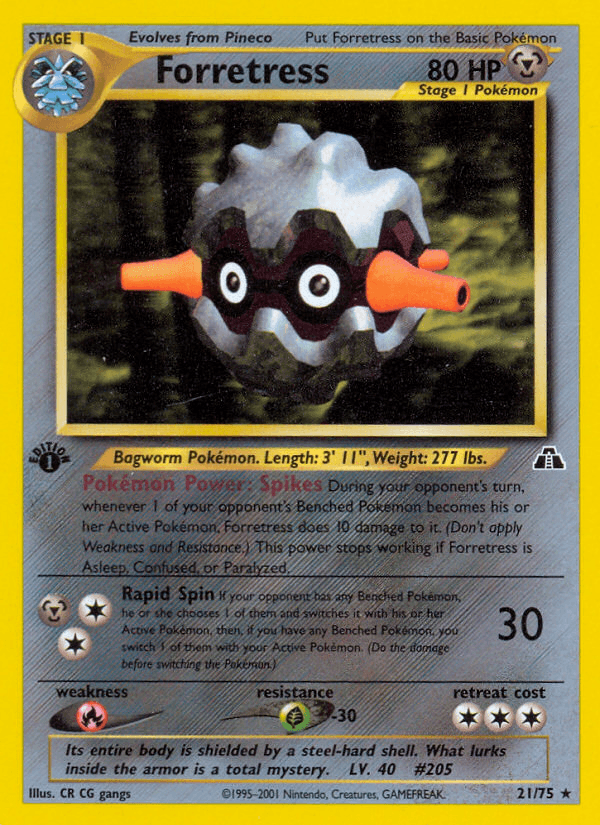 1st Edition Normal, 21, Fire[×2], Grass[-30], Metal, Neo Discovery 1st Edition, Rare Forretress (21/75) [Neo Discovery 1st Edition] - Trading Card World