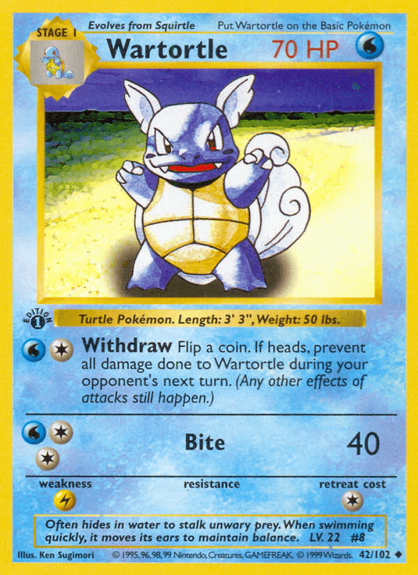 1st Edition Normal, 42, Base Set 1st Edition, Lightning[×2], Uncommon, Water Wartortle (42/102) (Shadowless) [Base Set 1st Edition] - Trading Card World