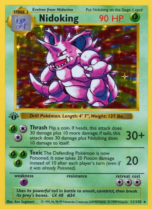 11, 1st Edition Holofoil, Base Set 1st Edition, Grass, Holo Rare, Psychic[×2] Nidoking (11/102) (Shadowless) [Base Set 1st Edition] - Trading Card World