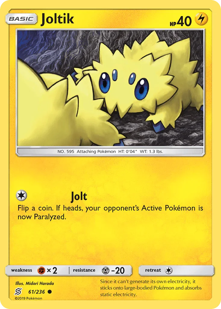61, Common, Fighting[×2], Lightning, Metal[-20], Normal, Reverse Holofoil, Sun & Moon: Unified Minds Joltik (61/236) [Sun & Moon: Unified Minds] - Trading Card World