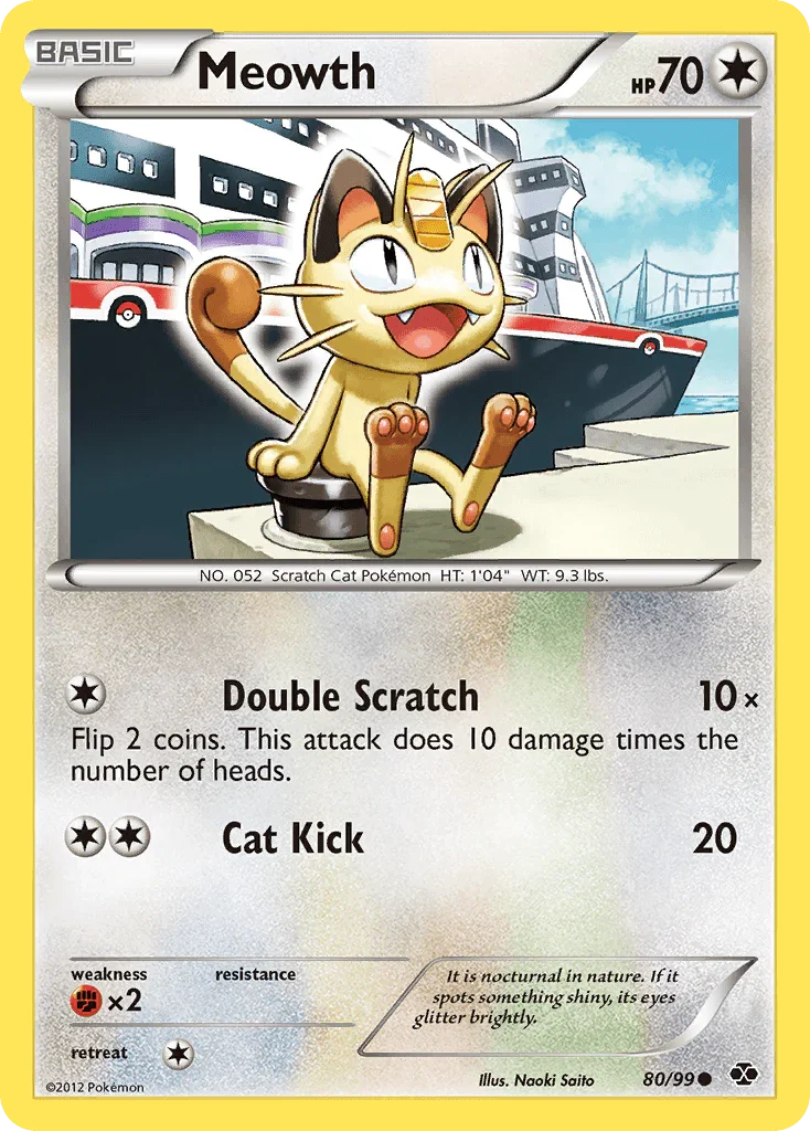 80, Black & White: Next Destinies, Colorless, Common, Fighting[×2], Normal, Reverse Holofoil Meowth (80/99) [Black & White: Next Destinies] - Trading Card World