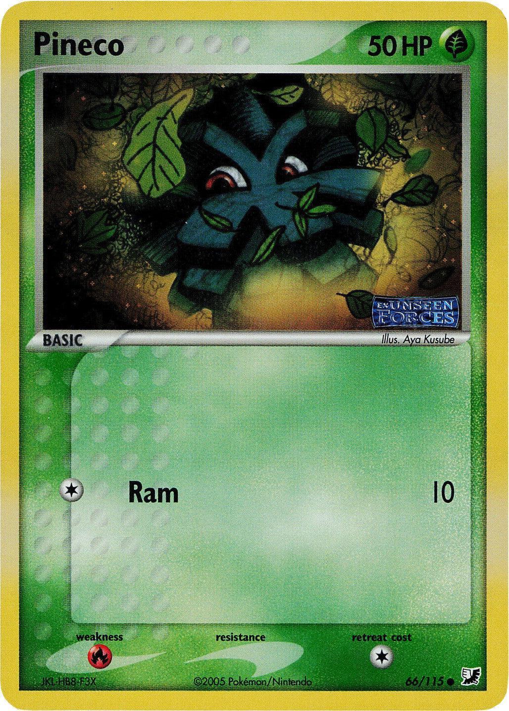 66, Common, EX: Unseen Forces, Fire[×2], Grass, Reverse Holofoil Pineco (66/115) (Stamped) [EX: Unseen Forces] - Trading Card World