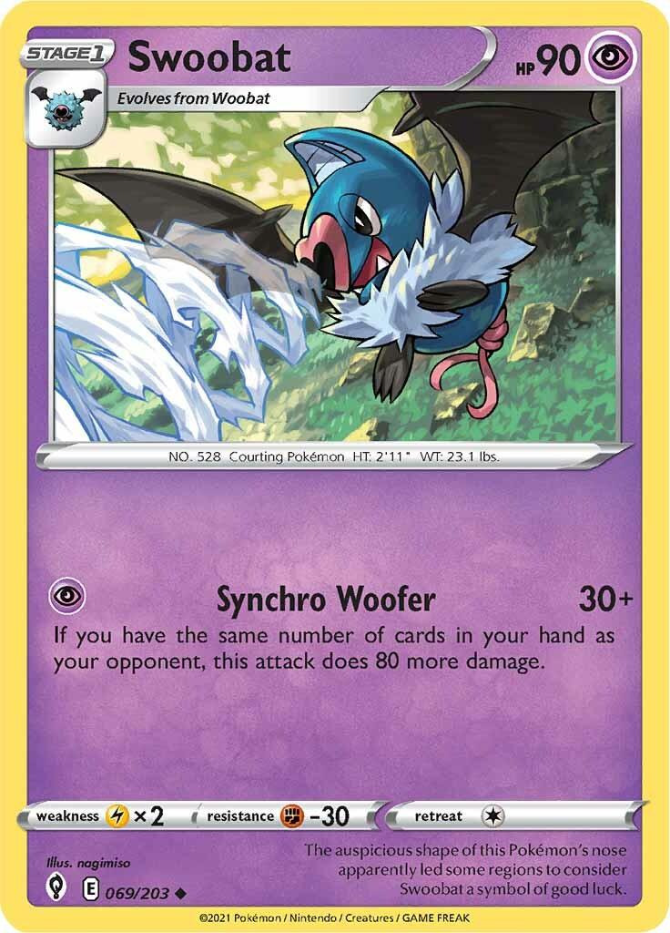 069, Fighting [-30], Lightining [x2], Normal, Psychic, Reverse Holofoil, Sword & Shield: Evolving Skies, Uncommon Swoobat (069/203) [Sword & Shield: Evolving Skies] - Trading Card World