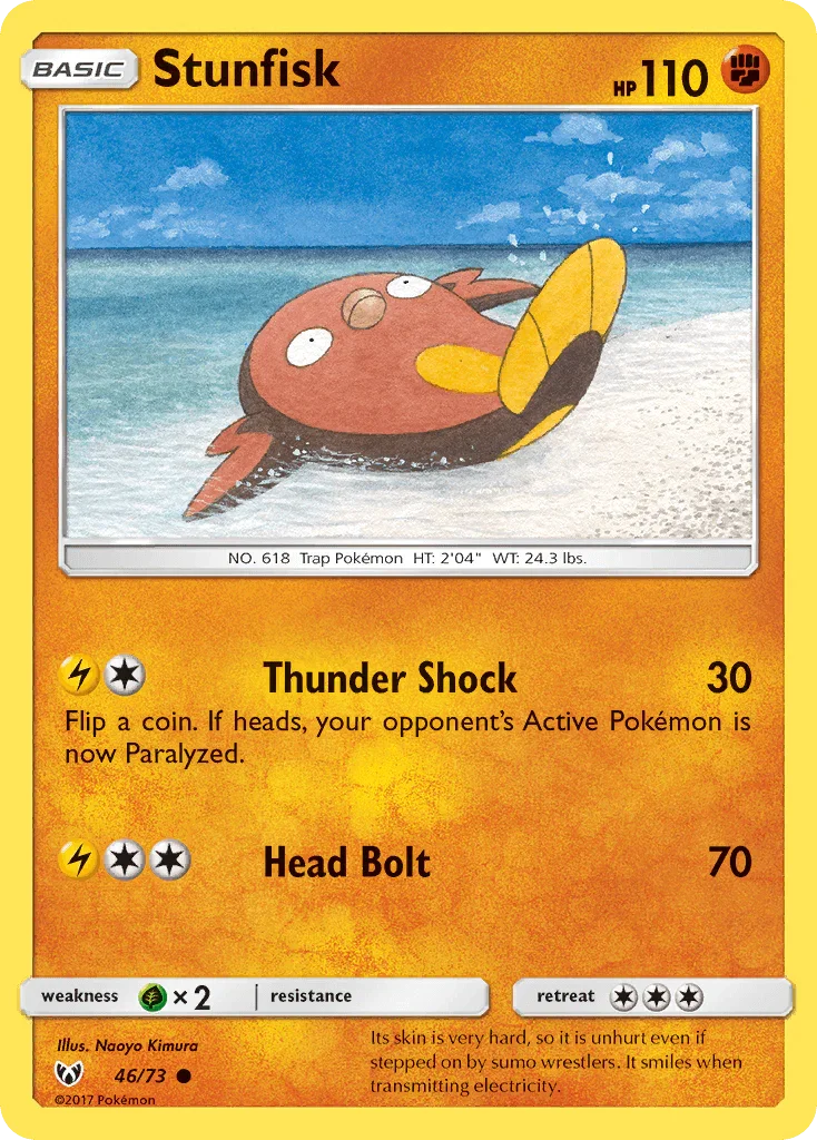 46, Common, Fighting, Grass[×2], Normal, Reverse Holofoil, Sun & Moon: Shining Legends Stunfisk (46/73) [Sun & Moon: Shining Legends] - Trading Card World