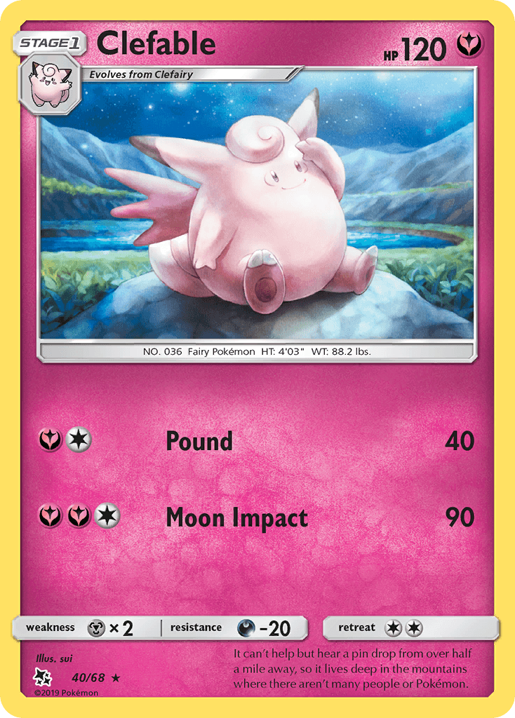 40, Darkness[-20], Fairy, Metal[×2], Normal, Rare, Reverse Holofoil, Sun & Moon: Hidden Fates Clefable (40/68) [Sun & Moon: Hidden Fates] - Trading Card World