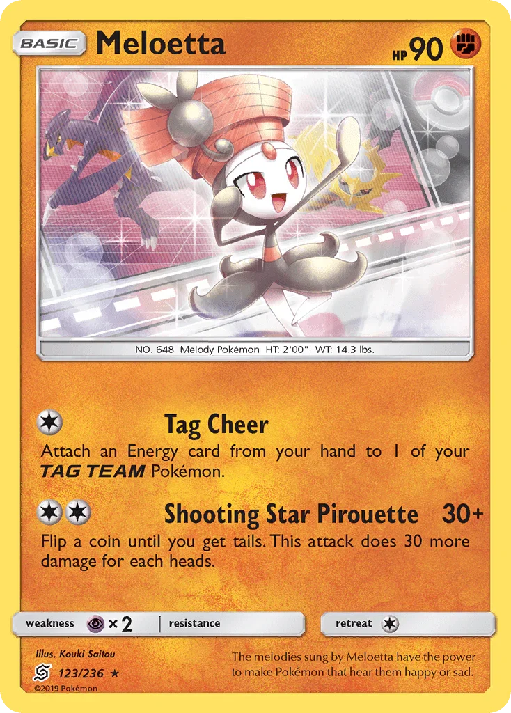 123, Fighting, Normal, Psychic[×2], Rare, Reverse Holofoil, Sun & Moon: Unified Minds Meloetta (123/236) [Sun & Moon: Unified Minds] - Trading Card World