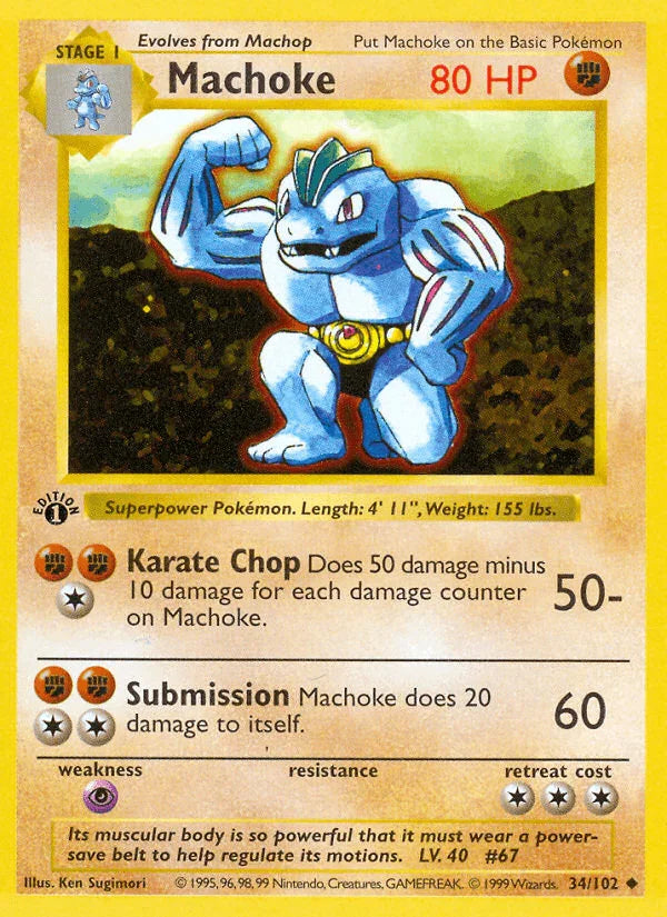 1st Edition Normal, 34, Base Set 1st Edition, Fighting, Psychic[×2], Uncommon Machoke (34/102) (Shadowless) [Base Set 1st Edition] - Trading Card World