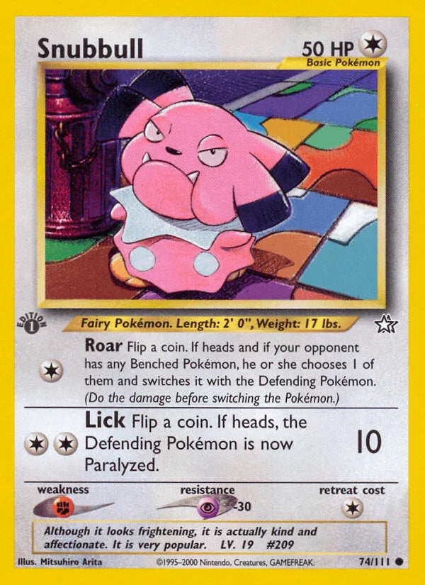 1st Edition Normal, 74, Colorless, Common, Fighting[×2], Neo Genesis 1st Edition, Psychic[-30] Snubbull (74/111) [Neo Genesis 1st Edition] - Trading Card World