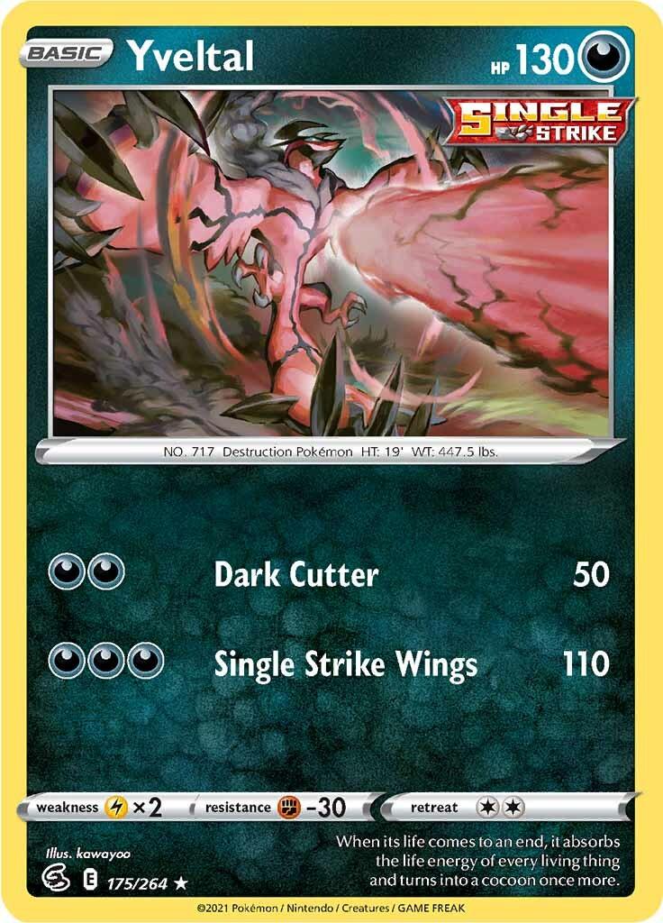 175, Darkness, Fighting [-30], Lightning [x2], Normal, Rare, Reverse Holofoil, Sword & Shield: Fusion Strike Yveltal (175/264) [Sword & Shield: Fusion Strike] - Trading Card World