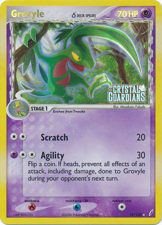 19, EX: Crystal Guardians, Fire[×2], Psychic, Rare, Reverse Holofoil, Water[-30] Grovyle (19/100) (Delta Species) (Stamped) [EX: Crystal Guardians] - Trading Card World