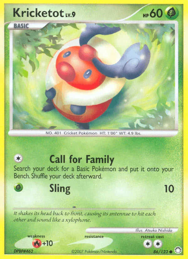 86, Common, Diamond & Pearl: Mysterious Treasures, Fire[+10], Grass, Normal, Reverse Holofoil Kricketot (86/123) [Diamond & Pearl: Mysterious Treasures] - Trading Card World