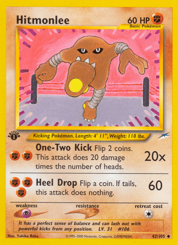 1st Edition Normal, 42, Fighting, Neo Destiny 1st Edition, Psychic[×2], Uncommon Hitmonlee (42/105) [Neo Destiny 1st Edition] - Trading Card World