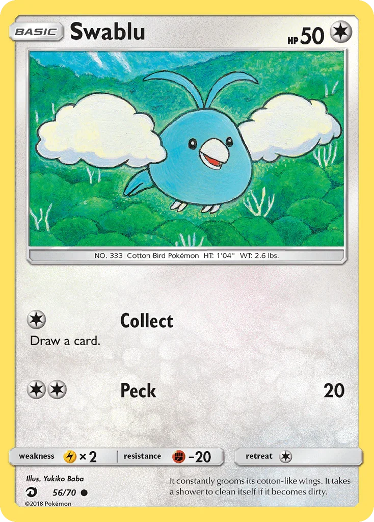 56, Colorless, Common, Fighting[-20], Lightning[×2], Normal, Reverse Holofoil, Sun & Moon: Dragon Majesty Swablu (56/70) [Sun & Moon: Dragon Majesty] - Trading Card World