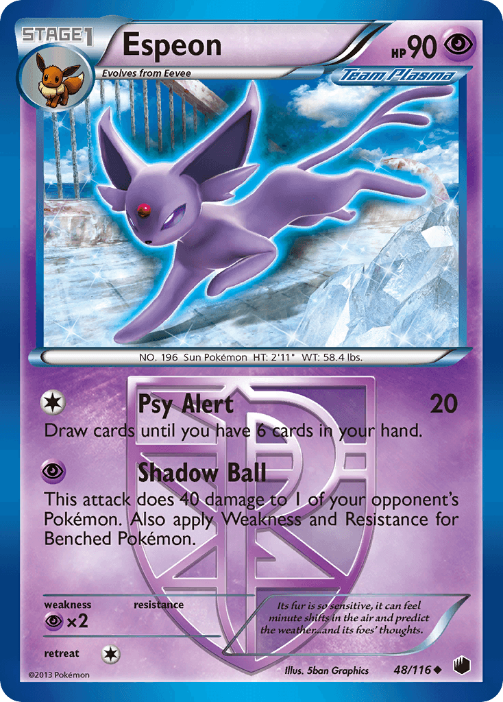 48, Black & White: Plasma Freeze, Normal, Psychic, Psychic[×2], Reverse Holofoil, Uncommon Espeon (48/116) [Black & White: Plasma Freeze] - Trading Card World