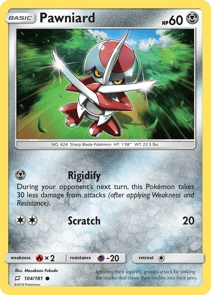 Common, Fire[×2], Metal, Normal, Psychic[-20], Reverse Holofoil, Sun & Moon: Team Up Pawniard (104/181) [Sun & Moon: Team Up] - Trading Card World