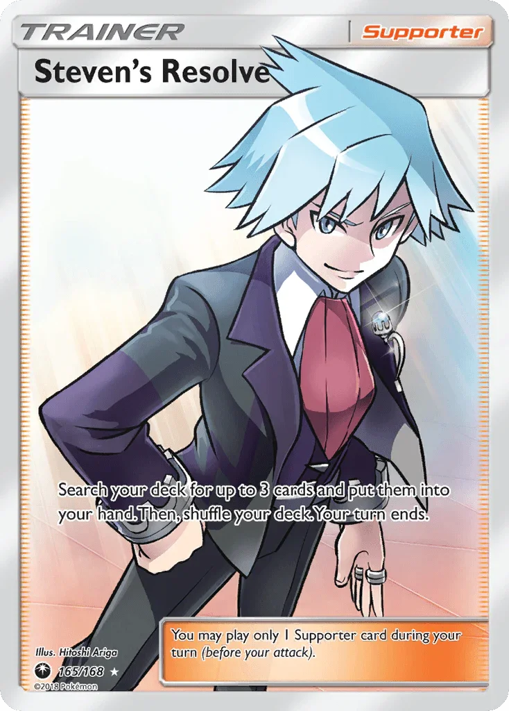 165, Holofoil, Sun & Moon: Celestial Storm, Supporter, Ultra Rare Steven's Resolve (165/168) [Sun & Moon: Celestial Storm] - Trading Card World