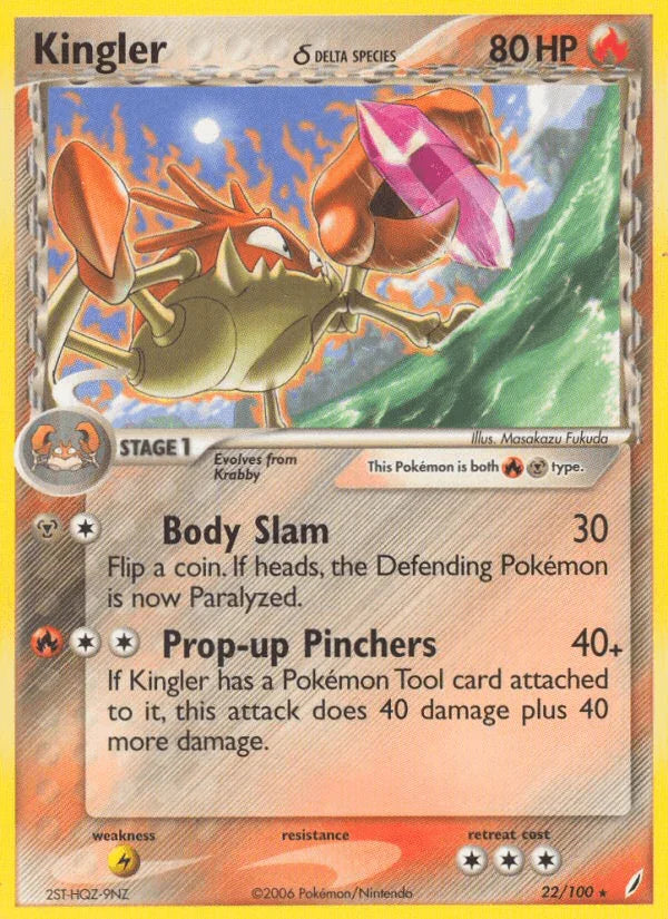 22, EX: Crystal Guardians, Fire, Lightning[×2], Metal, Normal, Rare Kingler (22/100) (Delta Species) [EX: Crystal Guardians] - Trading Card World