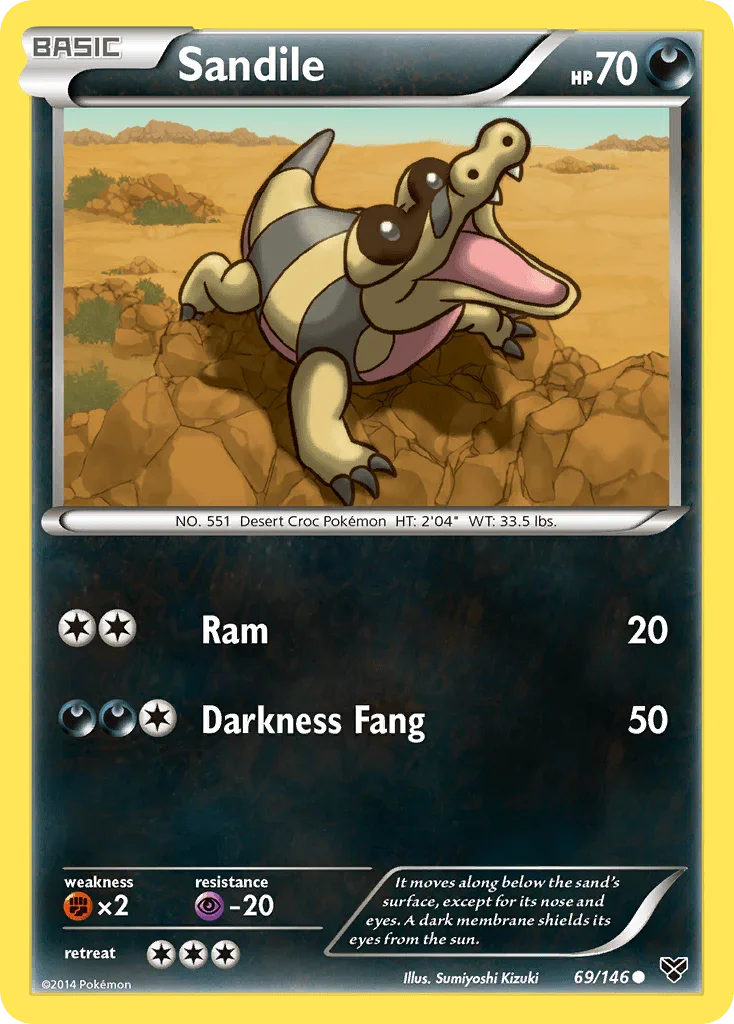 69, Common, Darkness, Fighting[×2], Normal, Psychic[-20], Reverse Holofoil, XY: Base Set Sandile (69/146) [XY: Base Set] - Trading Card World