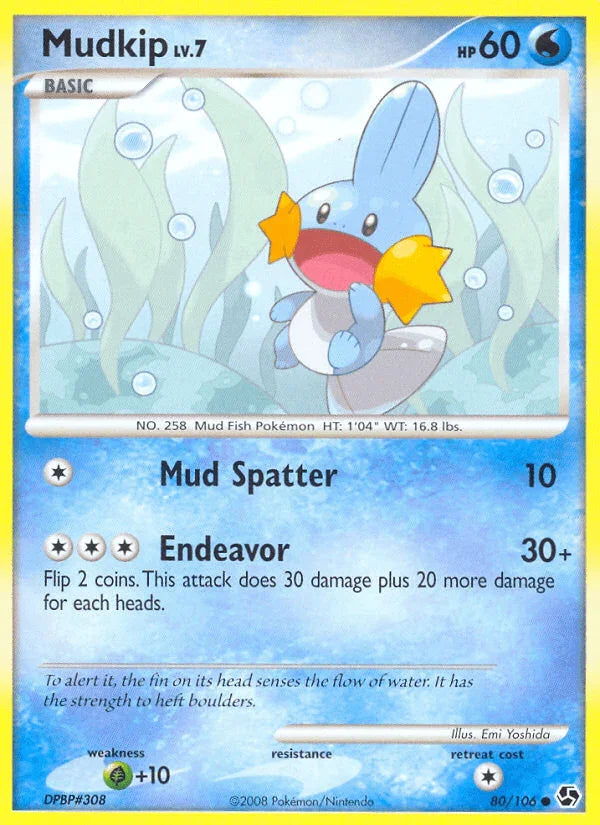 80, Common, Diamond & Pearl: Great Encounters, Grass[+10], Normal, Reverse Holofoil, Water Mudkip (80/106) [Diamond & Pearl: Great Encounters] - Trading Card World