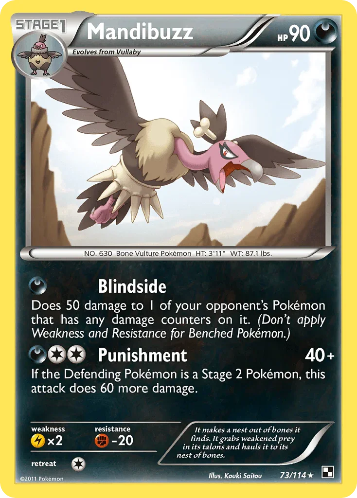 73, Black & White: Base Set, Darkness, Fighting[-20], Lightning[×2], Normal, Rare, Reverse Holofoil Mandibuzz (73/114) [Black & White: Base Set] - Trading Card World
