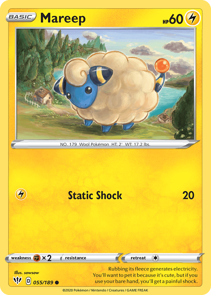 055, Common, Fighting[×2], Lightning, Normal, Reverse Holofoil, Sword & Shield: Darkness Ablaze Mareep (055/189) [Sword & Shield: Darkness Ablaze] - Trading Card World
