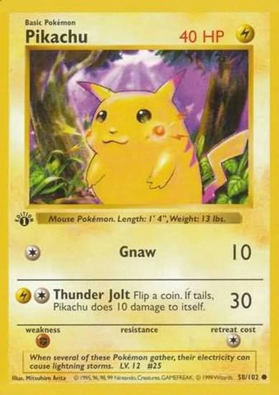 1st Edition Normal, 58, Base Set 1st Edition, Common, Fighting[×2], Lightning Pikachu (58/102) (Red Cheeks Misprint) [Base Set 1st Edition] - Trading Card World